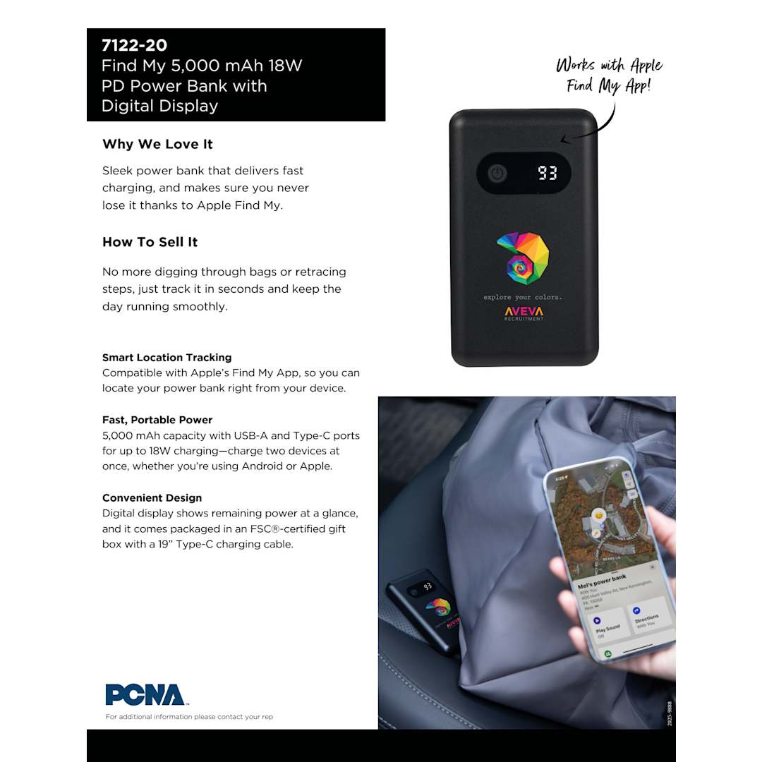 Find My 5000 mAh 18W PD Power Bank/Digital Display - Etchified - PCNA (Leed's/Bullet/Trimark) - 7122-20BK