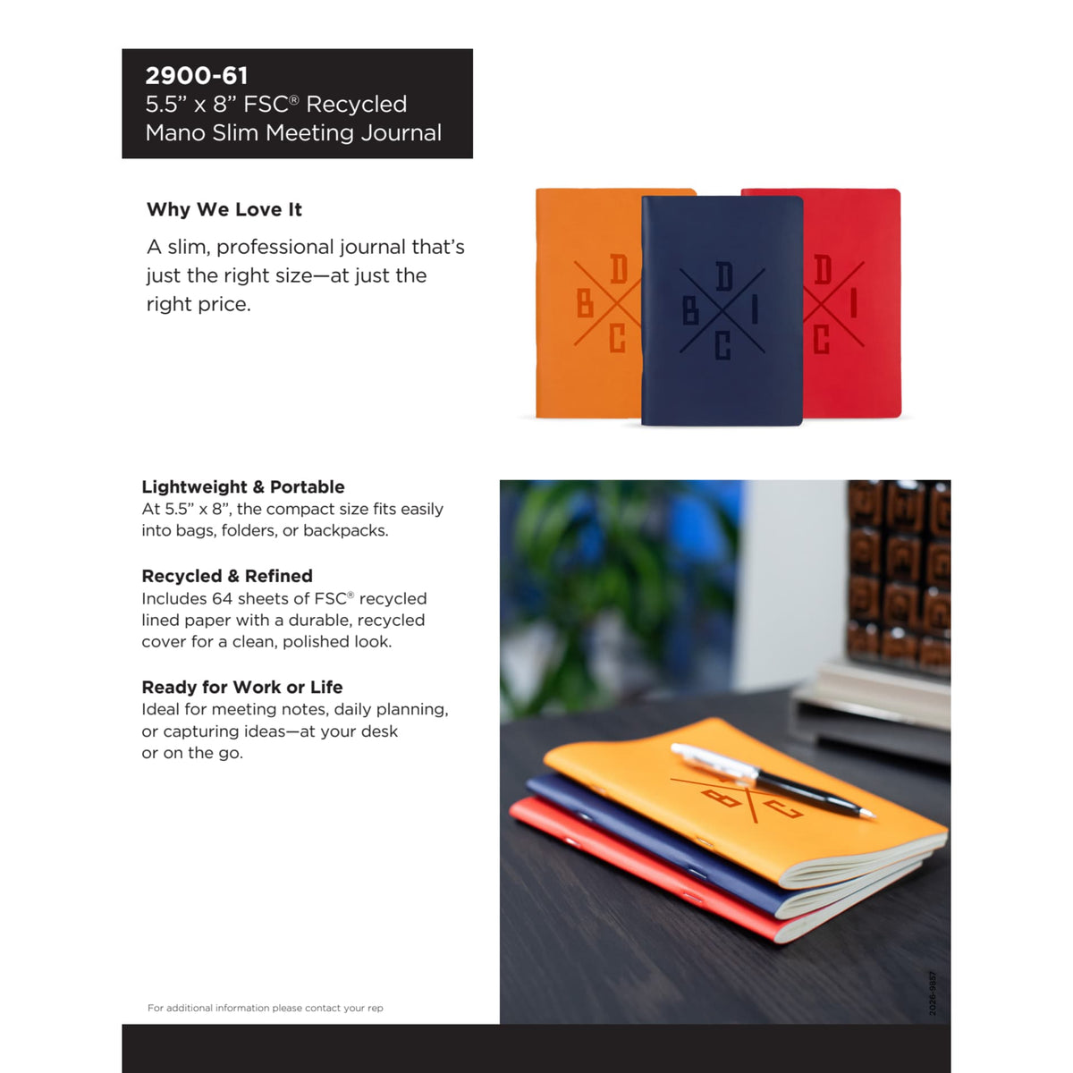 5.5” x 8” FSC ® Recycled Mano Slim Meeting Journal - Etchified - Etchified - 2900-61RD