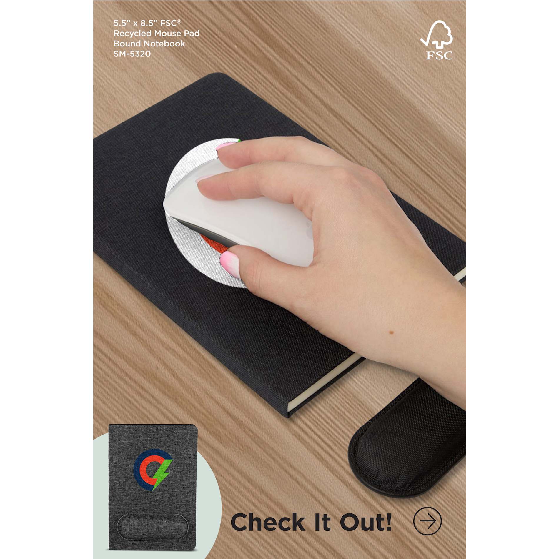 5.5" x 8.5" FSC® Recycled Mouse Pad Bound Notebook - Etchified - Etchified - SM-5320GY