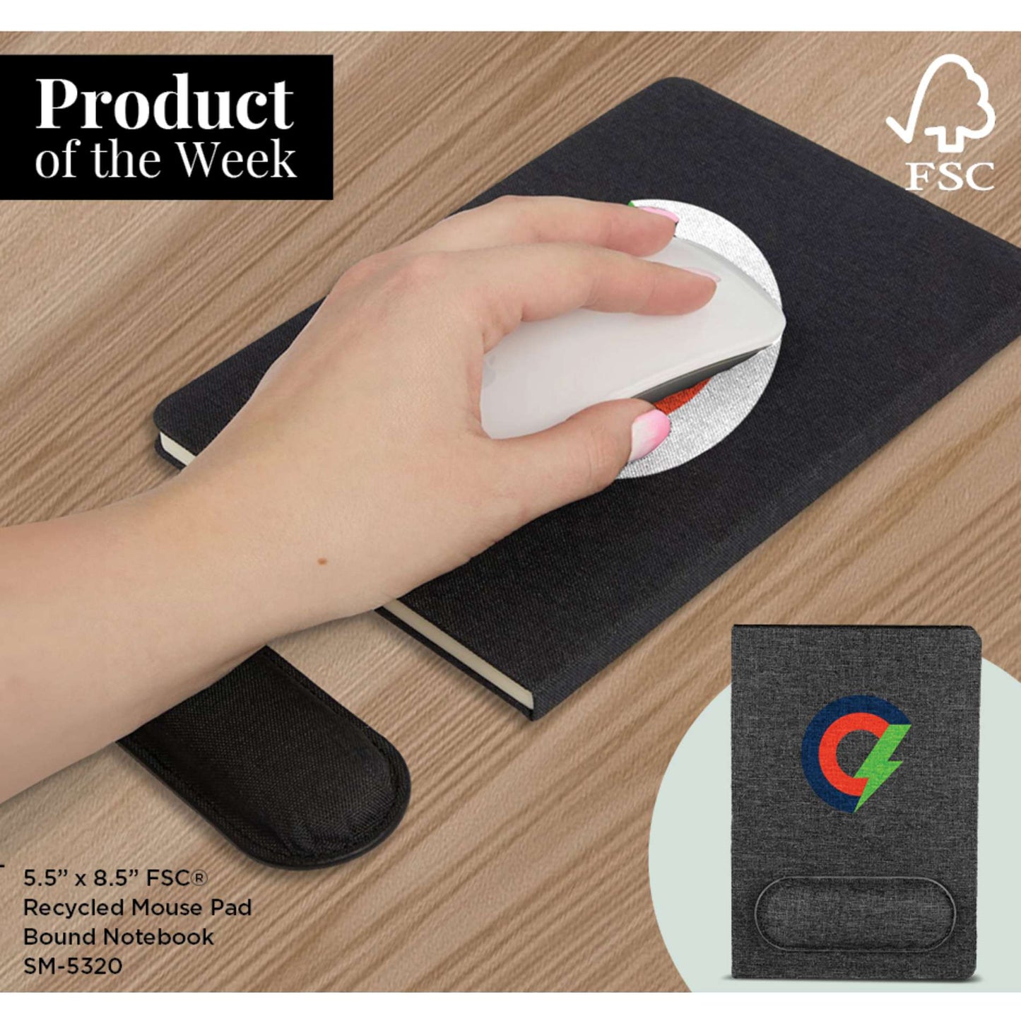 5.5" x 8.5" FSC® Recycled Mouse Pad Bound Notebook - Etchified - Etchified - SM-5320GY