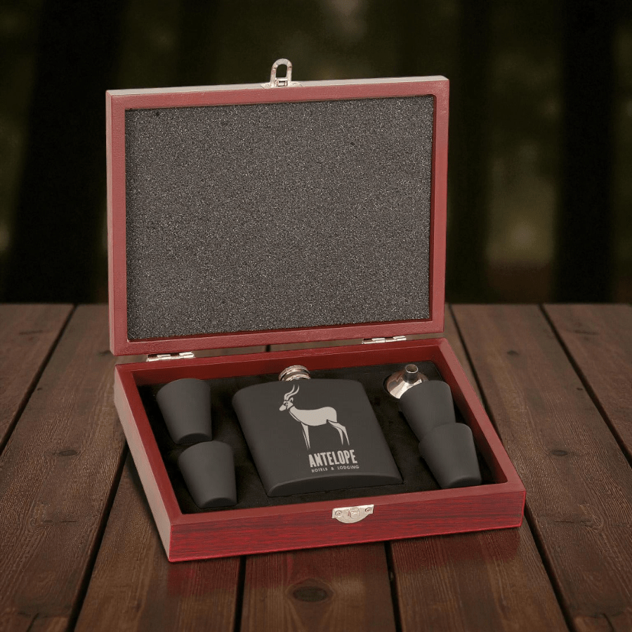 6 oz. Matte Black Laserable Stainless Steel Flask Set in Wood Presentation Box - Etchified - Etchified - FSK12