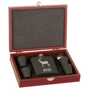 6 oz. Matte Black Laserable Stainless Steel Flask Set in Wood Presentation Box - Etchified - GearOne - FSK12