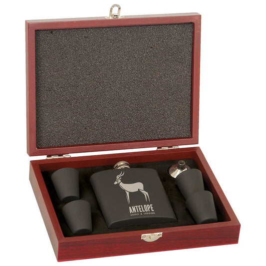 6 oz. Matte Black Laserable Stainless Steel Flask Set in Wood Presentation Box - Etchified - GearOne - FSK12