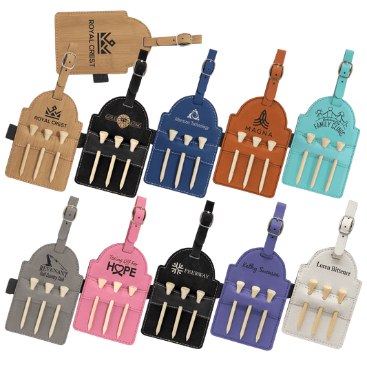 Custom Laserable Leatherette Golf Bag Tag with 3 Wooden Tees Sample Set 5" x 3 1/4" - Etchified - GearOne - GFT2025SET2