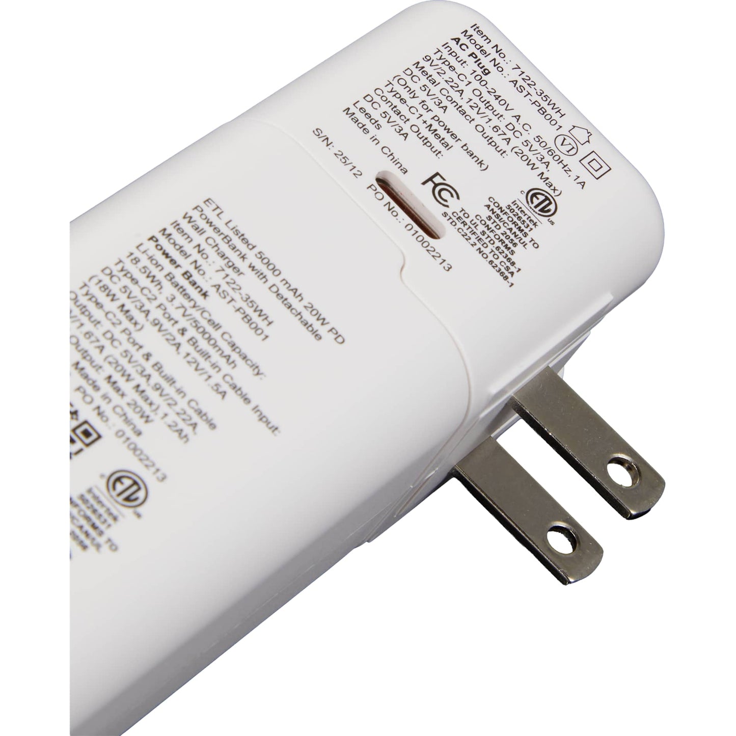 ETL Listed 5000 mAh 20W PD Power Bank with AC Plug - Etchified - Etchified - 7122-35WH