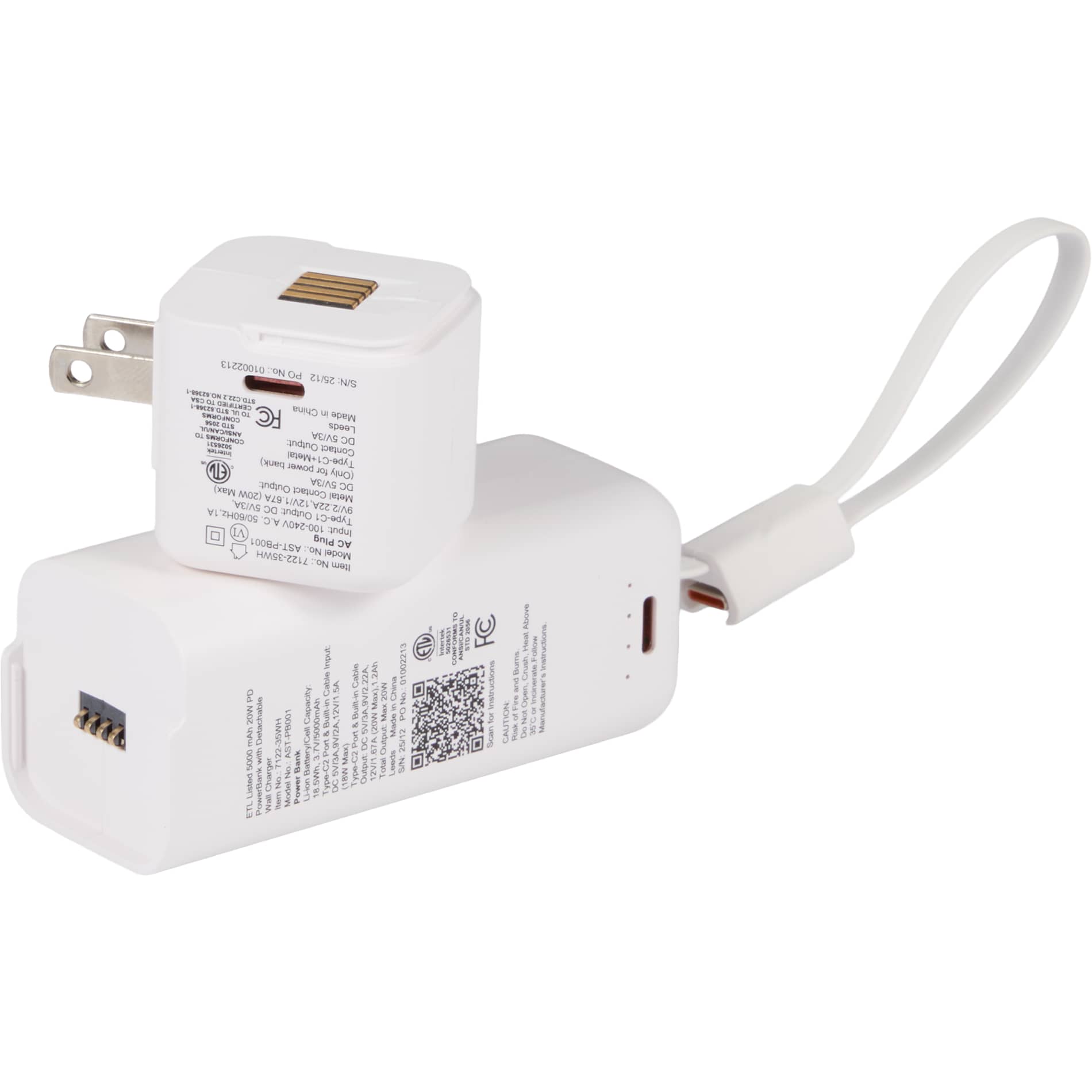ETL Listed 5000 mAh 20W PD Power Bank with AC Plug - Etchified - Etchified - 7122-35WH