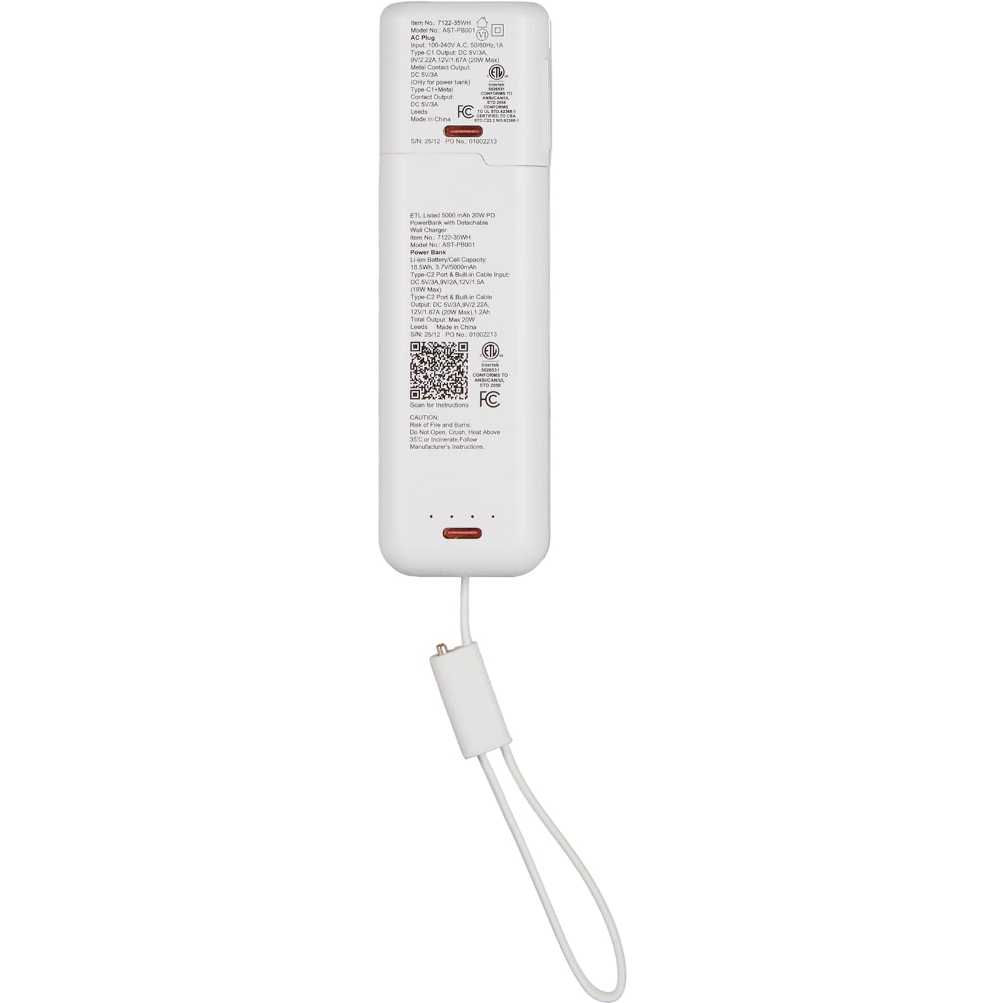 ETL Listed 5000 mAh 20W PD Power Bank with AC Plug - Etchified - Etchified - 7122-35WH