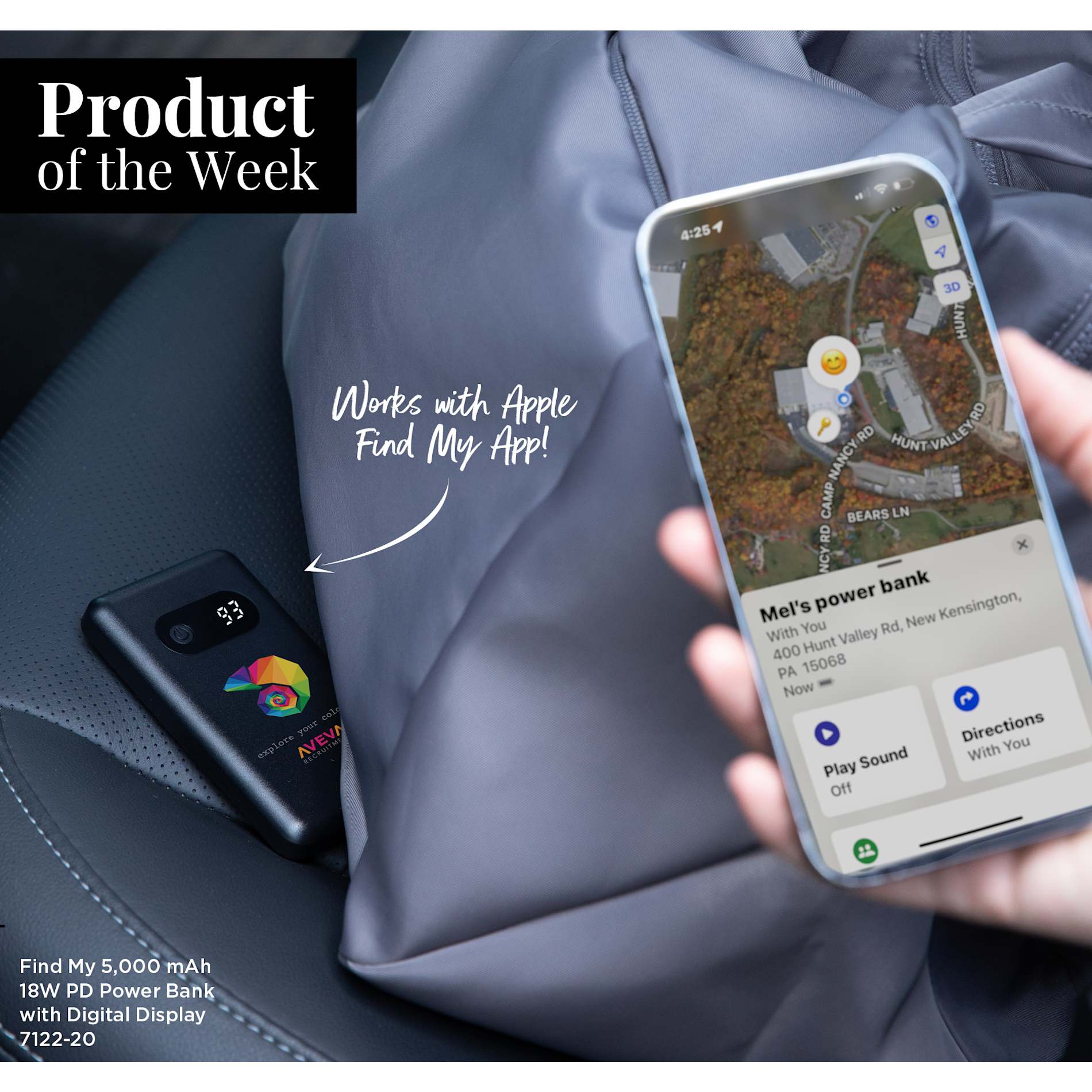 Find My 5000 mAh 18W PD Power Bank/Digital Display - Etchified - PCNA (Leed's/Bullet/Trimark) - 7122-20BK