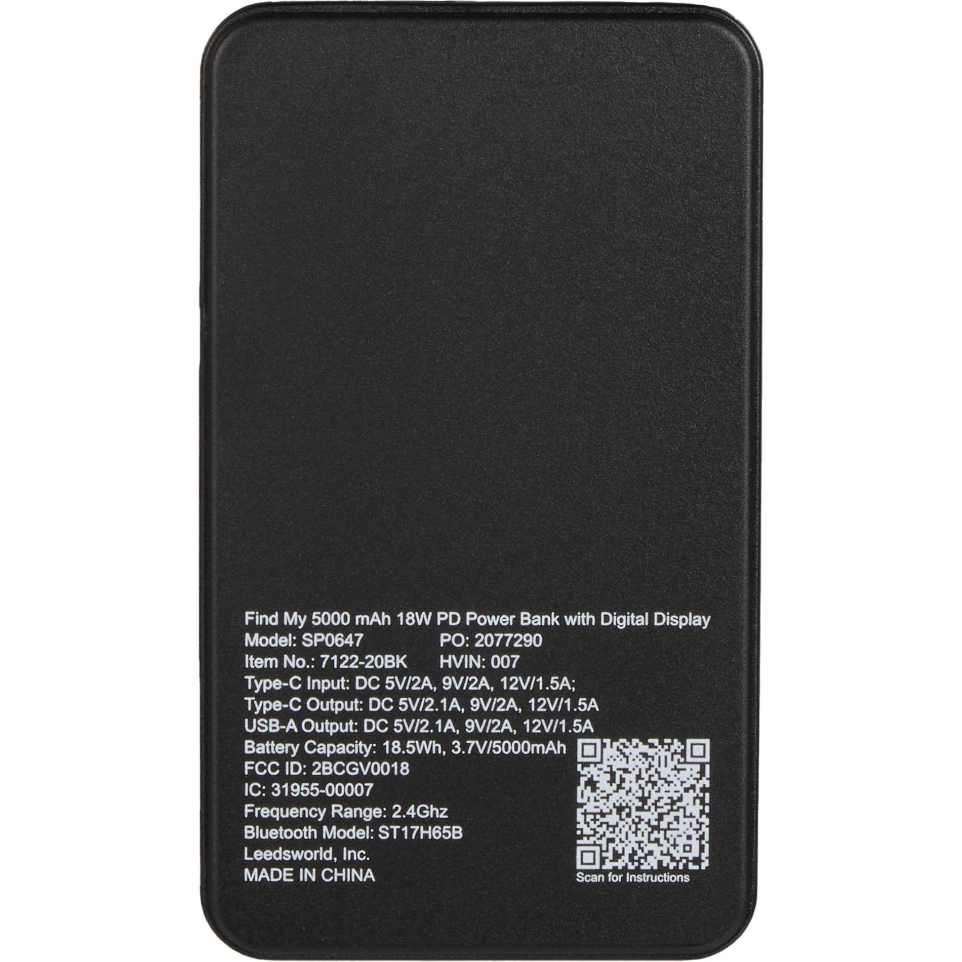 Find My 5000 mAh 18W PD Power Bank/Digital Display - Etchified - PCNA (Leed's/Bullet/Trimark) - 7122-20BK