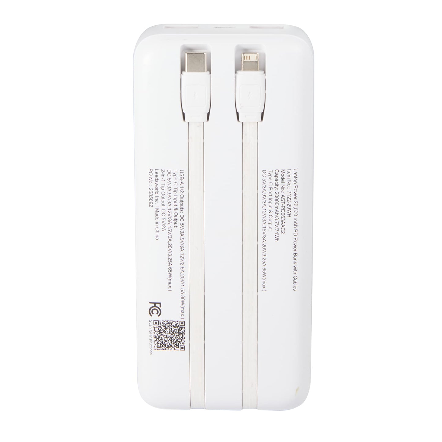 Laptop Power 20,000 mAh PD Power Bank with Cables - Etchified - PCNA (Leed's/Bullet/Trimark) - 7122-29WH