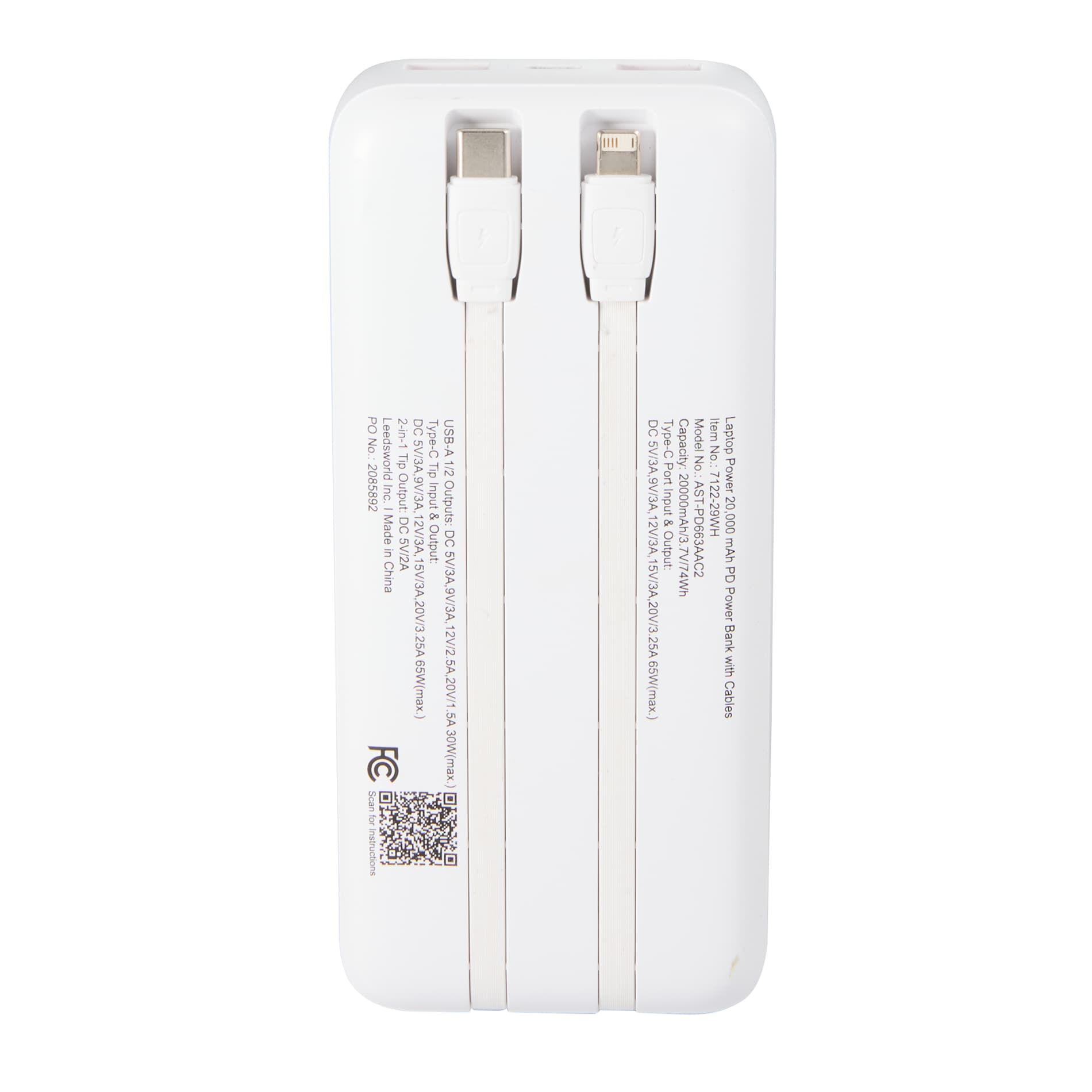 Laptop Power 20,000 mAh PD Power Bank with Cables - Etchified - PCNA (Leed's/Bullet/Trimark) - 7122-29WH