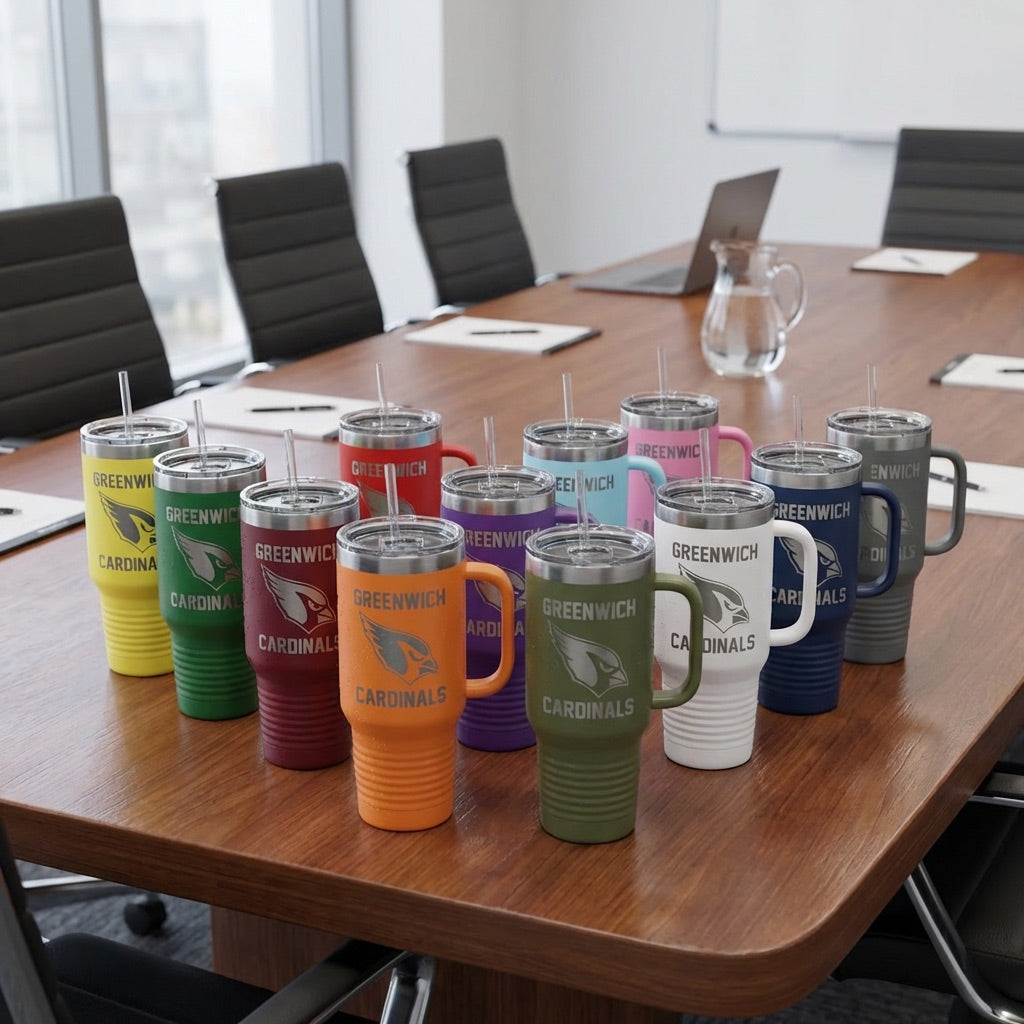 Custom-branded insulated tumblers arranged on a corporate boardroom table