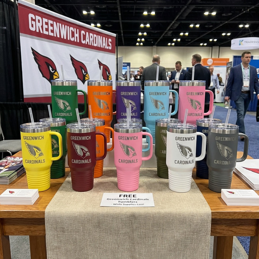Branded Merch by Etchified products on display at a corporate conference trade-show booth