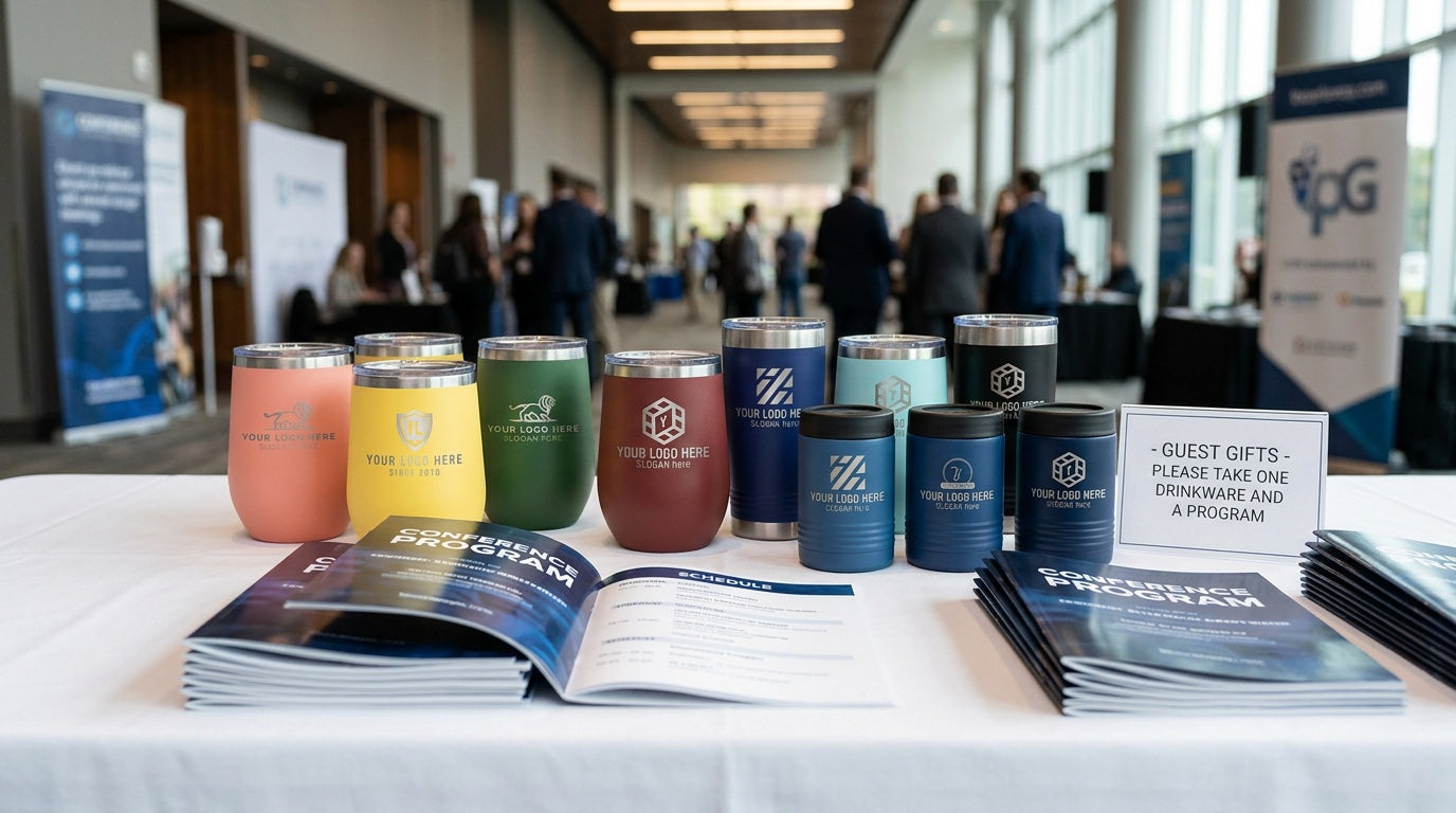 Branded drinkware giveaways and conference programs on a guest-gift table at a corporate conference