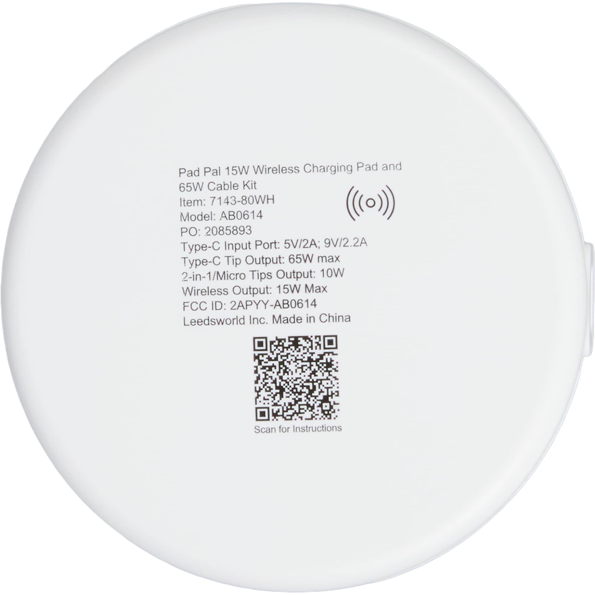 Pad Pal 15W Wireless Charging Pad and 65W Cable Ki - Etchified - PCNA (Leed's/Bullet/Trimark) - 7143-80WH