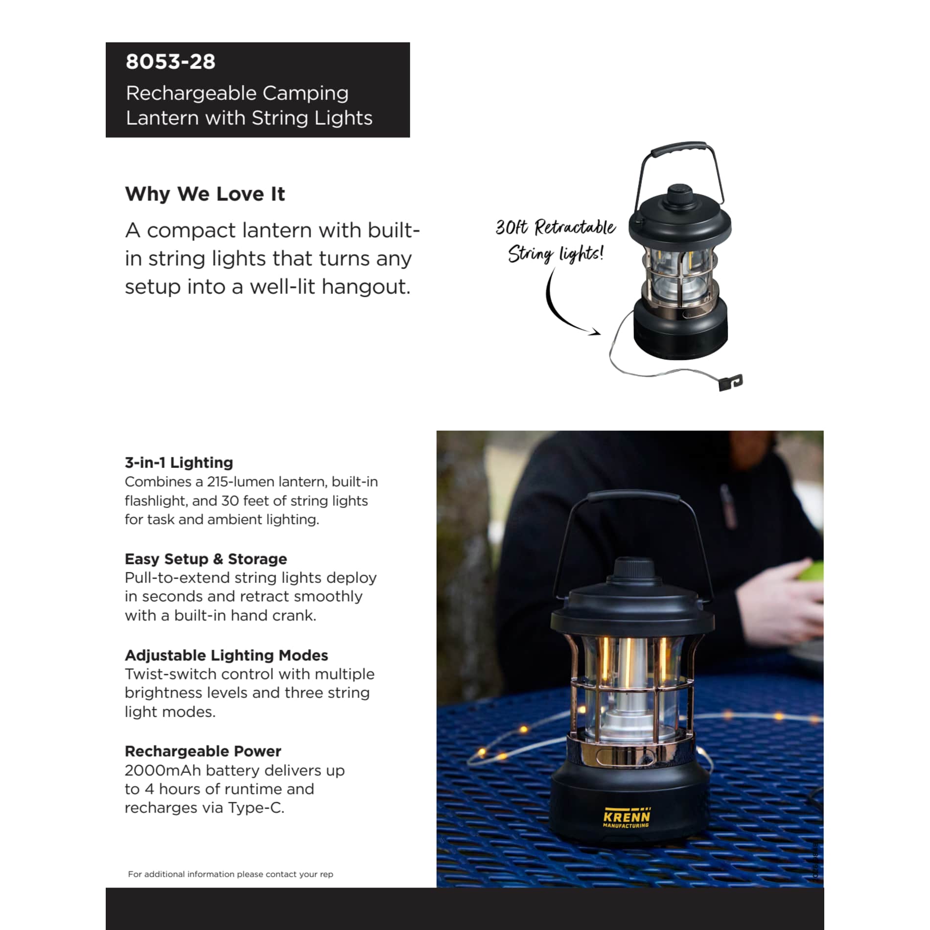 Rechargeable Camping Lantern with String Lights - Etchified - Etchified - 8053-28BK