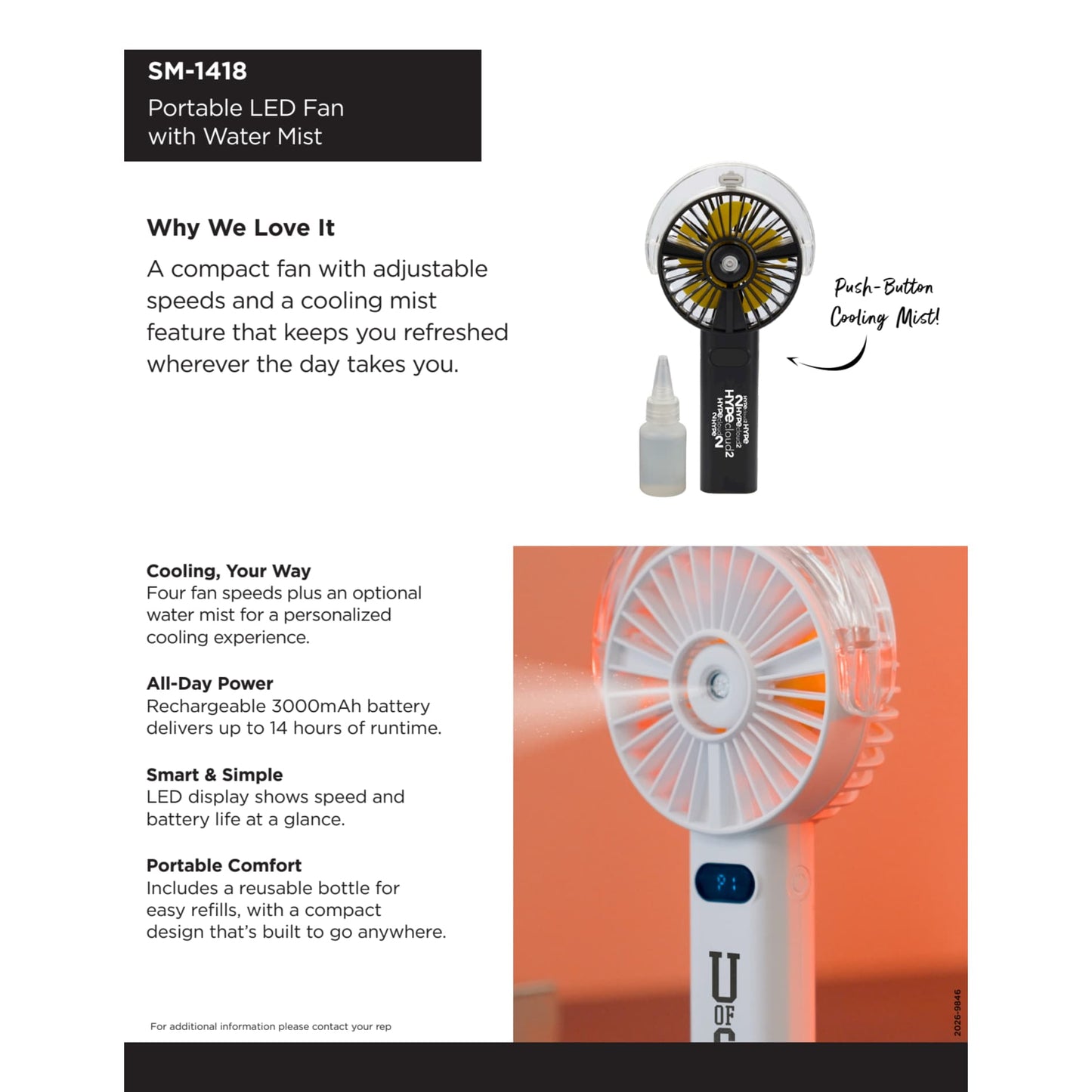 Rechargeable Portable LED Fan with Water Mist - Etchified - Etchified - SM-1418WH