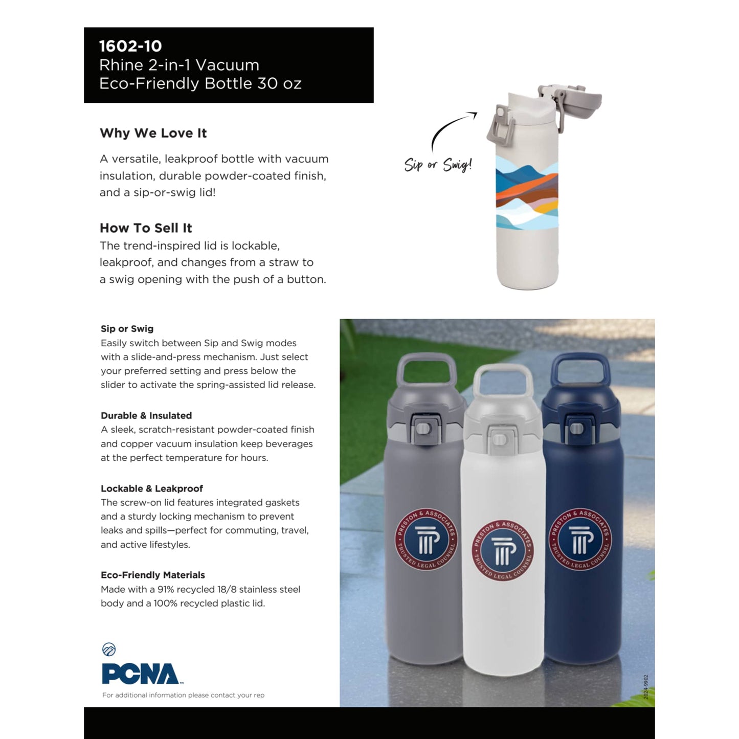 Rhine 2 in 1 Vacuum Eco - Friendly Bottle 30oz - Etchified - GearOne - 1602 - 10NY