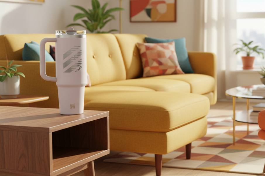 Modern living room with yellow sofa, colorful decor, and a coffee table.