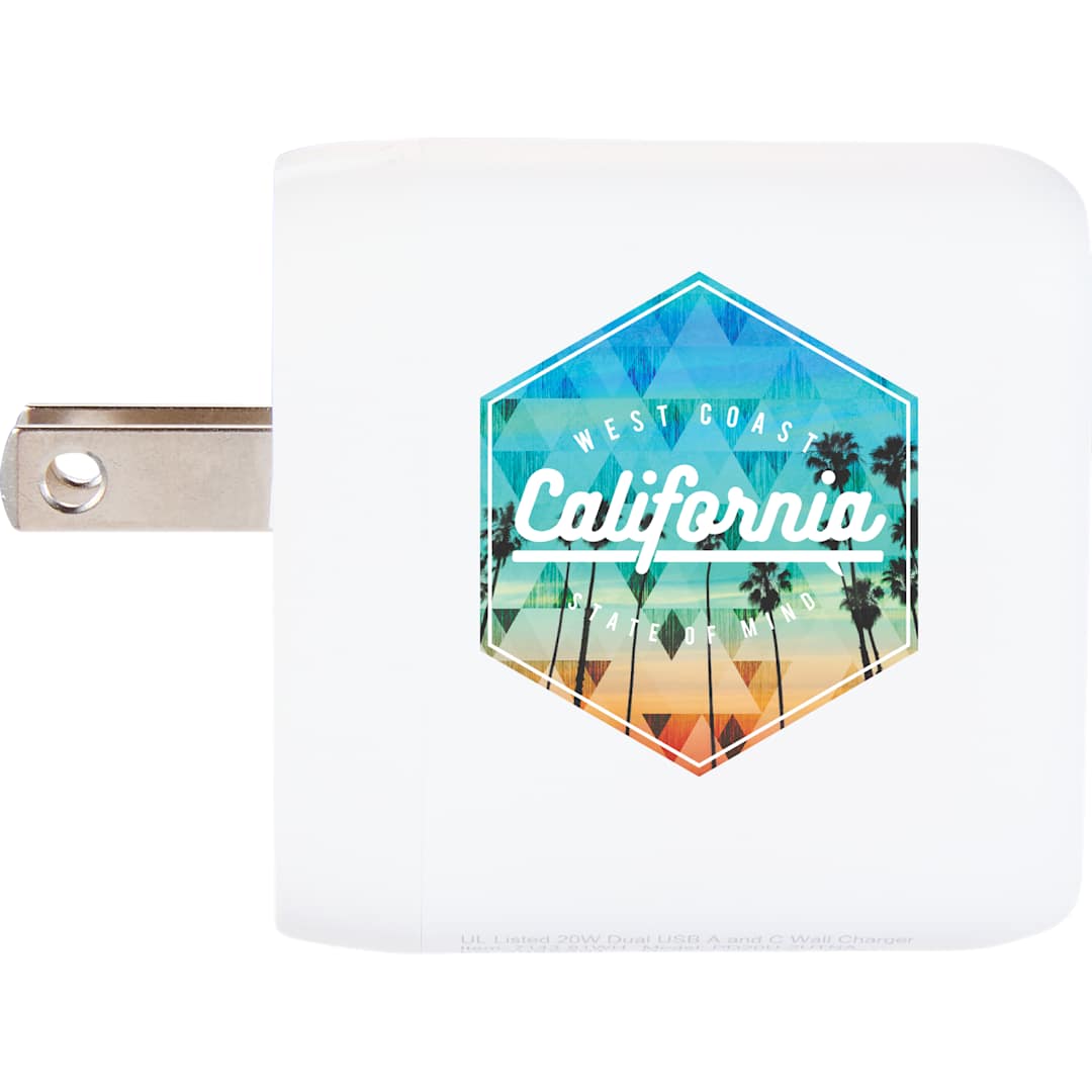 UL Listed 20W Dual USB A and C Wall Charger - Etchified - PCNA (Leed's/Bullet/Trimark) - 7143-81WH